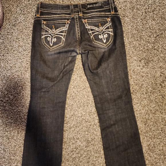 Rock Revival 28 Gwen Easy Boot Mid Rise Boot Cut Dark Grey Rhinestone Pockets - Picture 3 of 5